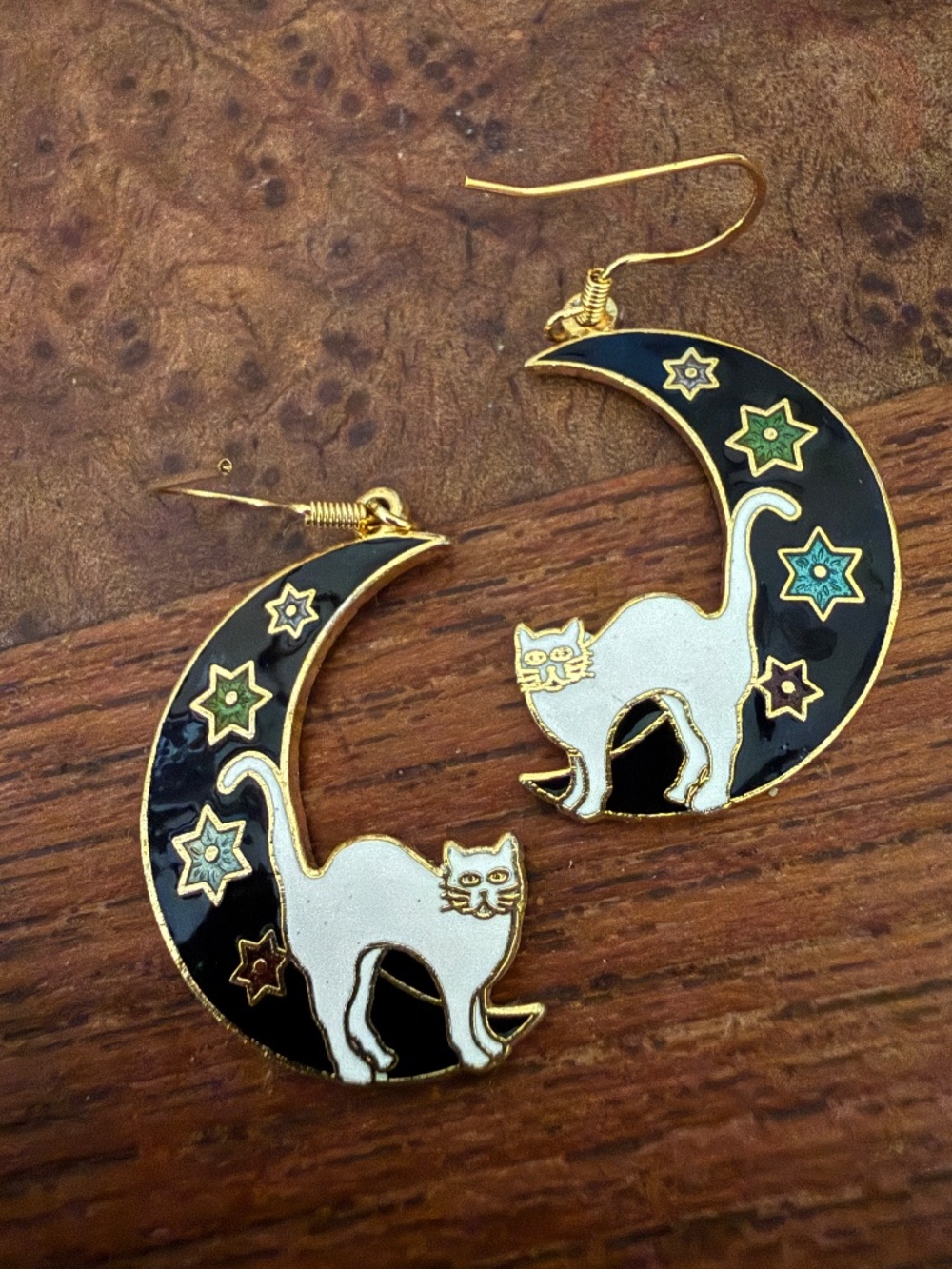 Vintage celestial moon and cat earrings gold tone ename